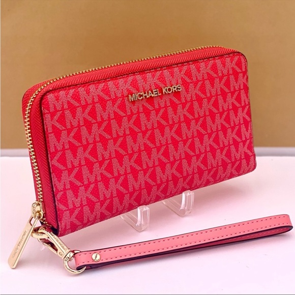 Michael Kors Jet Set Travel Large Phone Case Wristlet Wallet Coral Reef - Picture 12 of 13